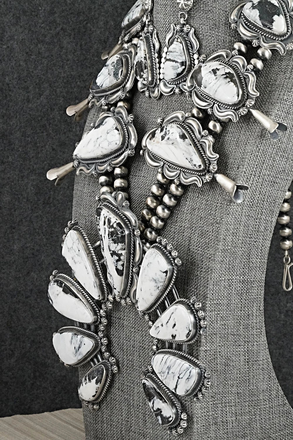 White Buffalo & Sterling Silver Squash Blossom Set - Raymond Delgarito
