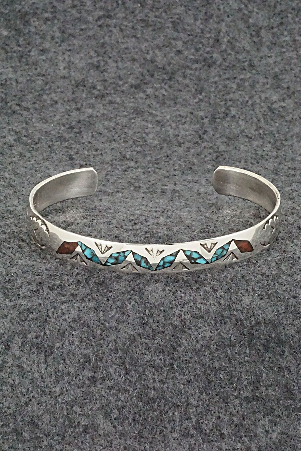 Turquoise, Coral Chip Inlay & Sterling Silver Bracelet - Joleen Yazzie