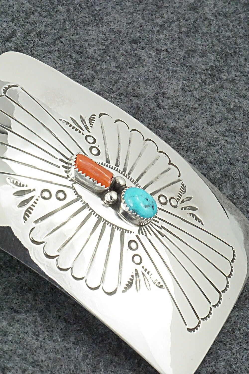 Turquoise, Coral & Sterling Silver Belt Buckle - Joann Silver