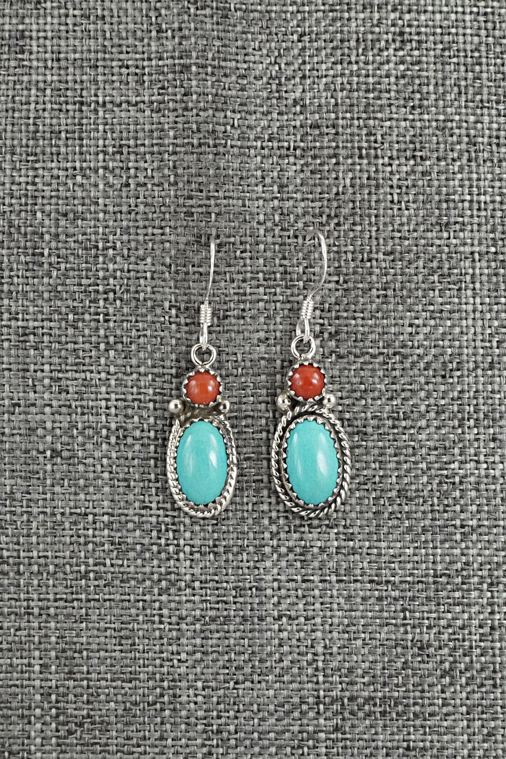 Turquoise, Coral & Sterling Silver Earrings - Verley Betone