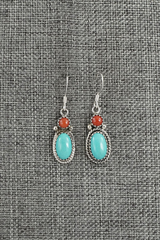 Turquoise, Coral & Sterling Silver Earrings - Verley Betone
