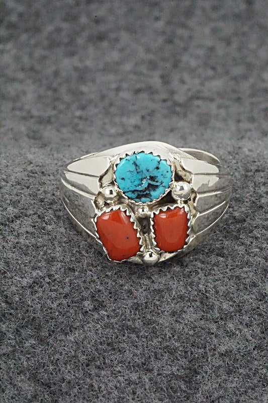Turquoise, Coral & Sterling Silver Ring - Anna Spencer - 13.5