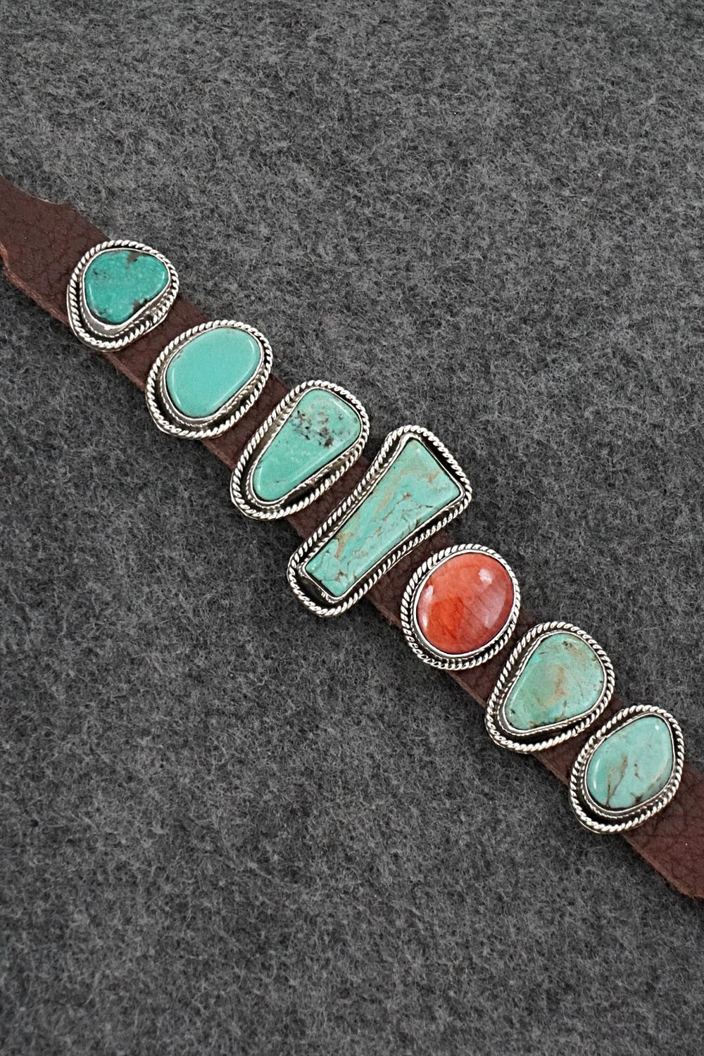 Turquoise, Spiny Oyster, Sterling Silver & Leather Bracelet - Marlene Ramone