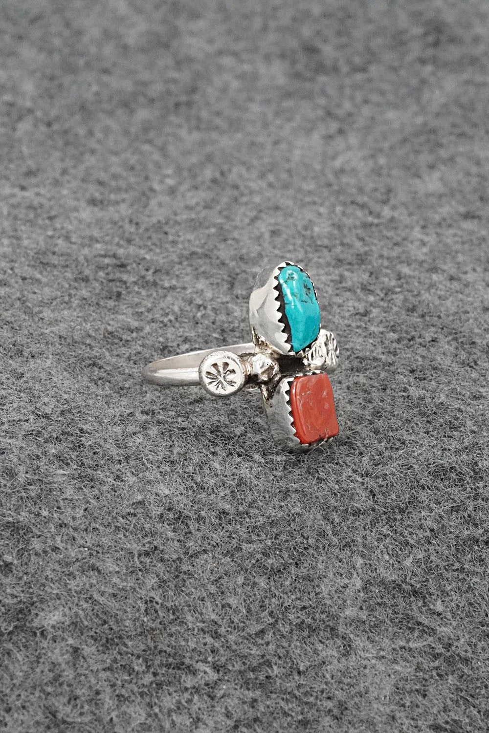 Turquoise, Coral & Sterling Silver Ring - Priscilla Reeder - Size 9