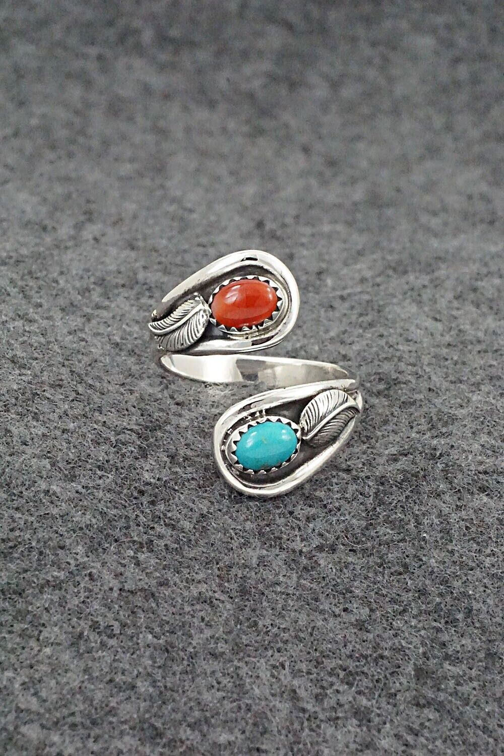 Turquoise, Coral & Sterling Silver Ring - Angela Platero - Size 10