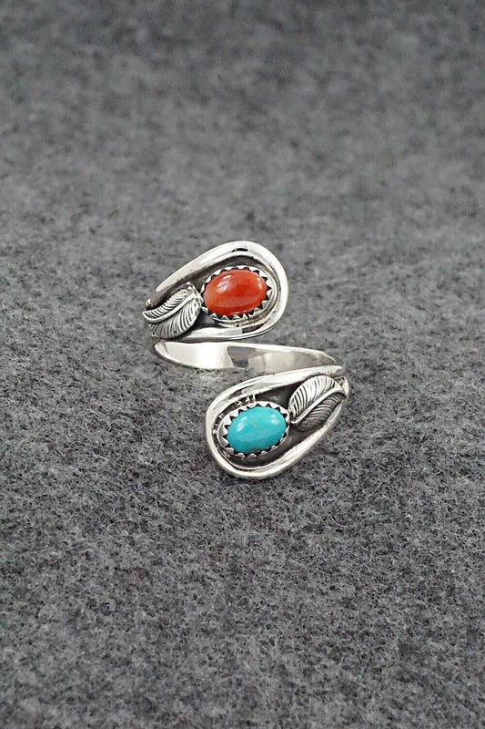 Turquoise, Coral & Sterling Silver Ring - Angela Platero - Size 10