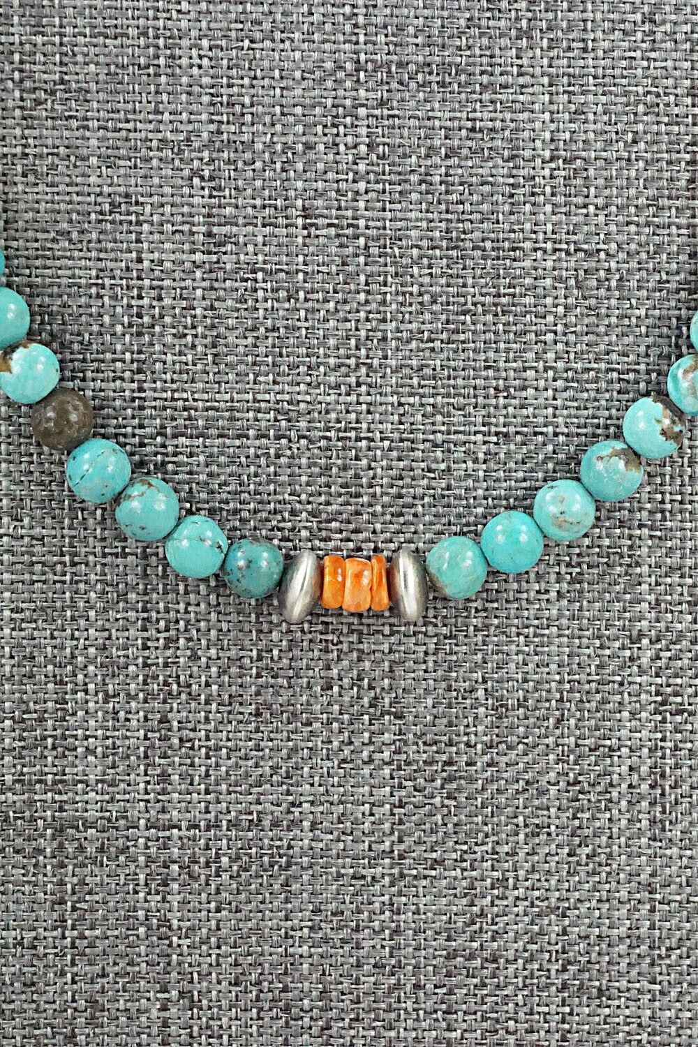 Turquoise, Spiny Oyster & Sterling Silver Necklace 20" - Doreen Jake