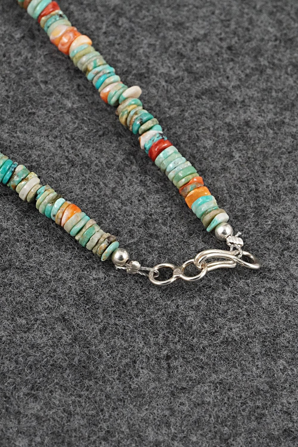 Turquoise, Spiny Oyster & Sterling Silver Necklace 17" - Doreen Jake