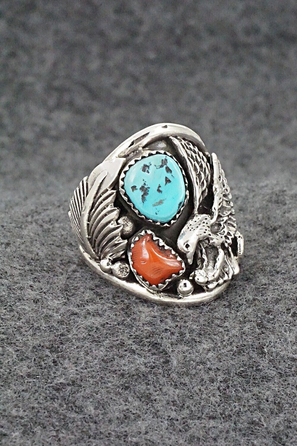 Turquoise, Coral & Sterling Silver Ring - Jeannette Saunders - Size 9.5