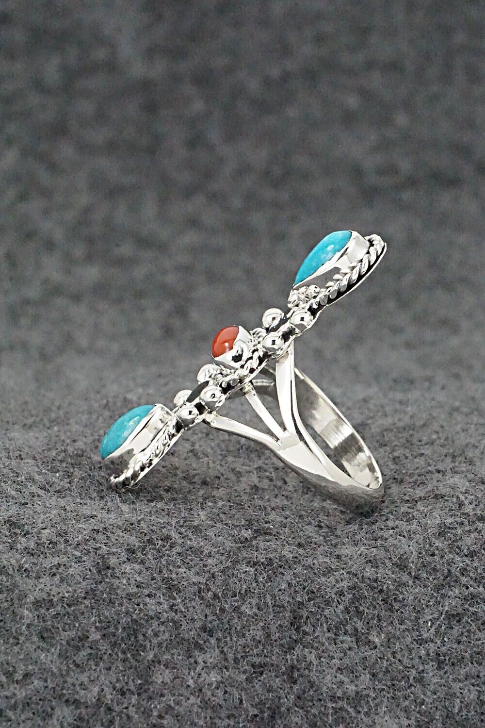 Turquoise, Coral & Sterling Silver Ring - Andrew Vandever - Size 7