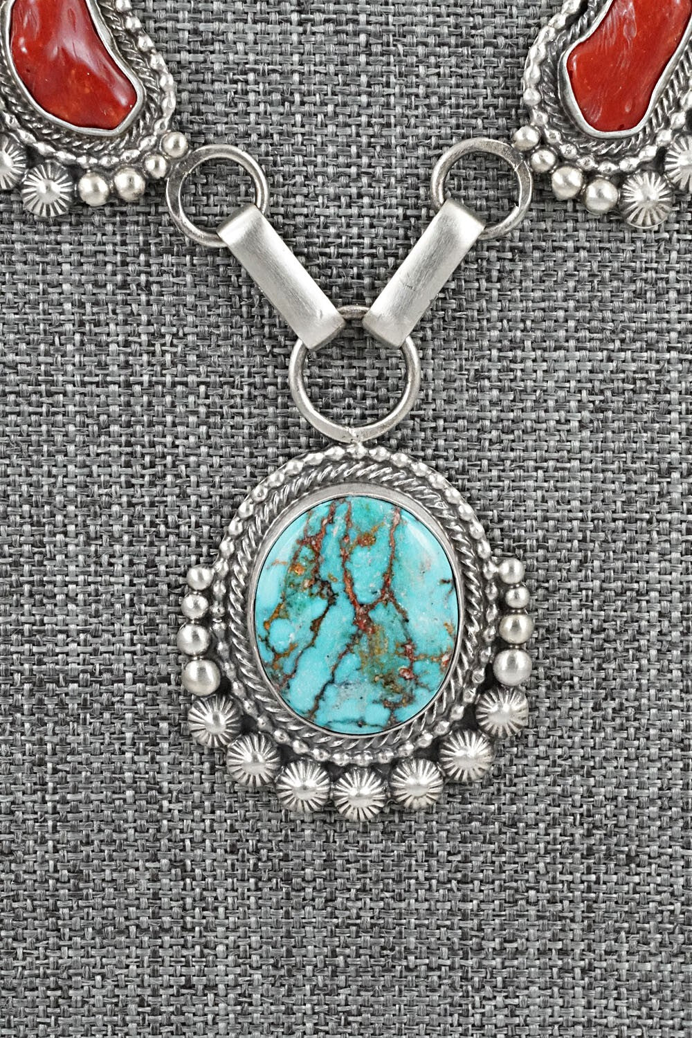 Turquoise, Coral & Sterling Silver Necklace and Earrings Set - Tom Lewis