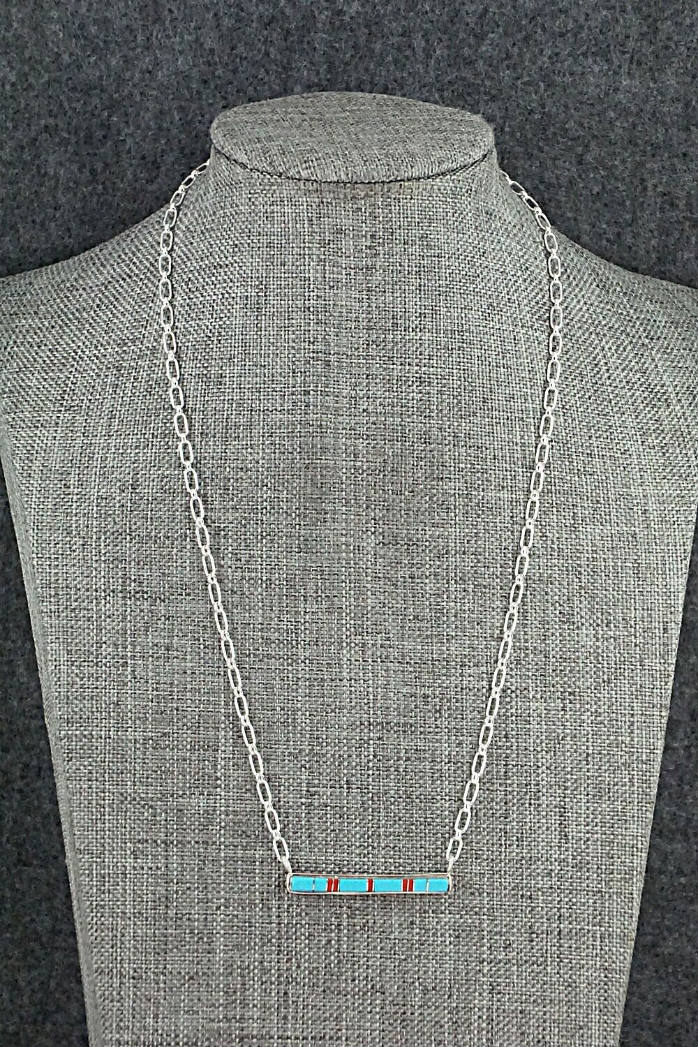 Turquoise, Coral & Sterling Silver Inlay Necklace - Roland Natachu