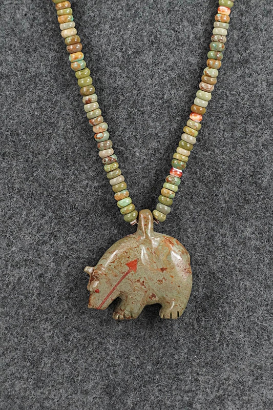 Turquoise & Sterling Silver Bear Zuni Fetish Necklace - Andres Quandelacy