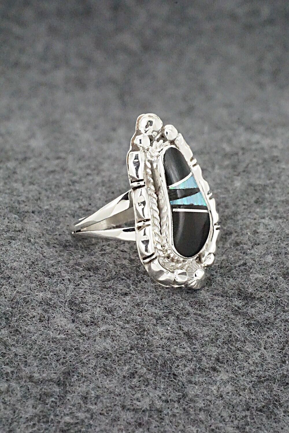 Onyx, Opalite & Sterling Silver Inlay Ring - James Manygoats - Size 7.25