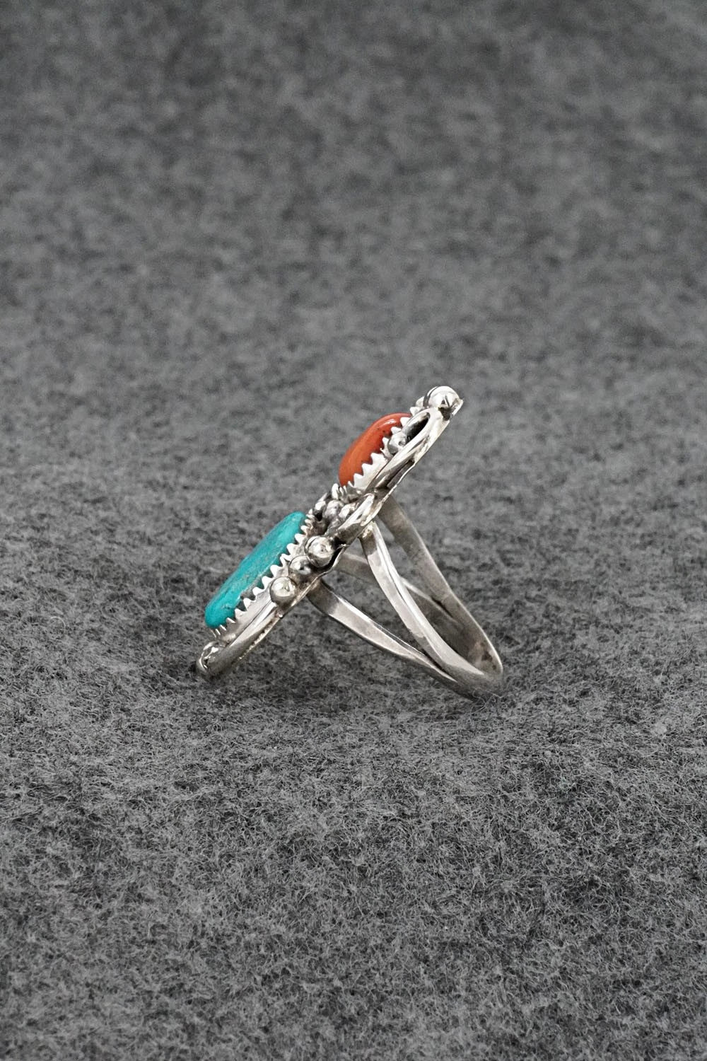 Turquoise, Coral & Sterling Silver Ring - Herbert Begaye - Size 8