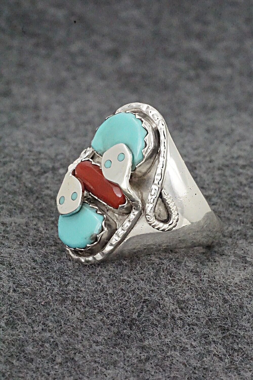 Turquoise, Coral & Sterling Silver Ring - Joy Calavaza - Size 12.5