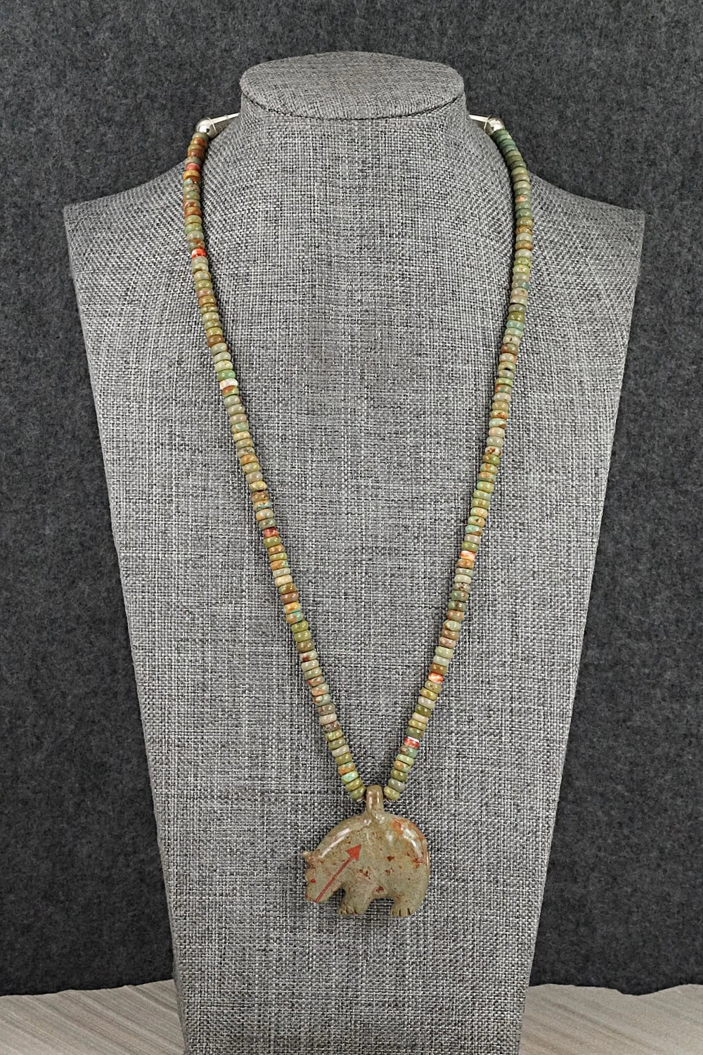 Turquoise & Sterling Silver Bear Zuni Fetish Necklace - Andres Quandelacy