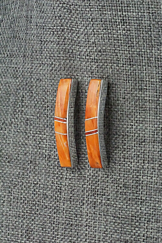 Spiny Oyster, Coral & Sterling Silver Earrings - Marilyn Yazzie