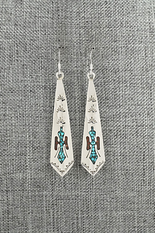 Turquoise, Coral Chip & Sterling Silver Earrings - Joleen Yazzie