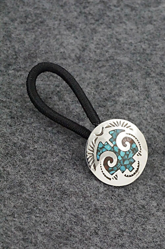 Turquoise, Coral Chip Inlay & Sterling Silver Hair Tie - Joleen Yazzie