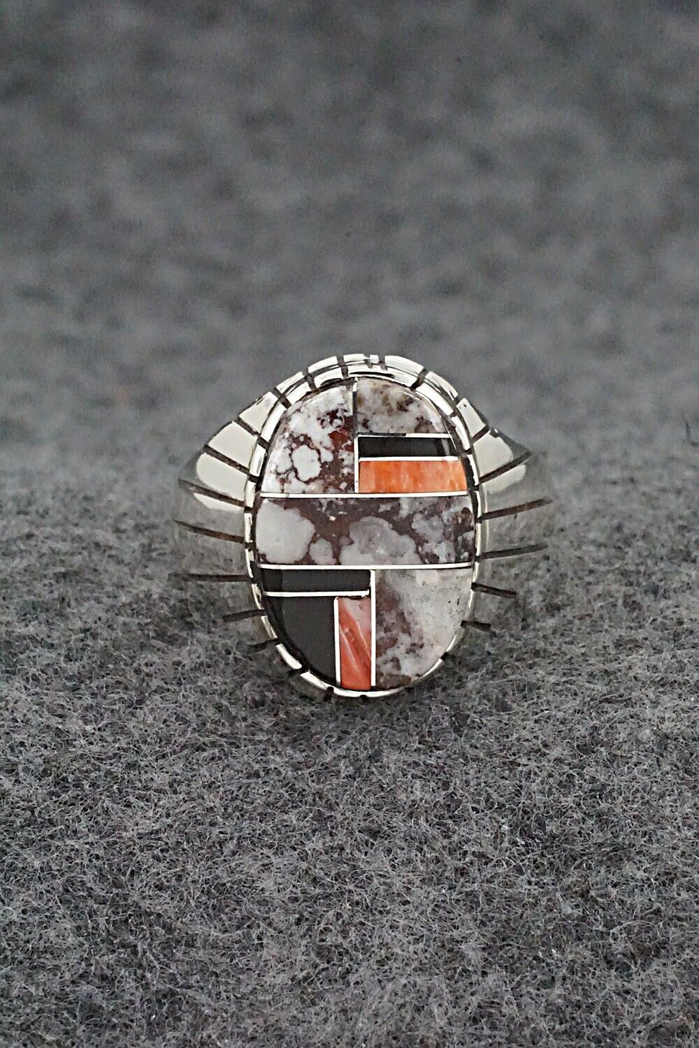 Wild Horse, Spiny Oyster, Onyx & Sterling Silver Ring - Trevor Jack - Size 11.5