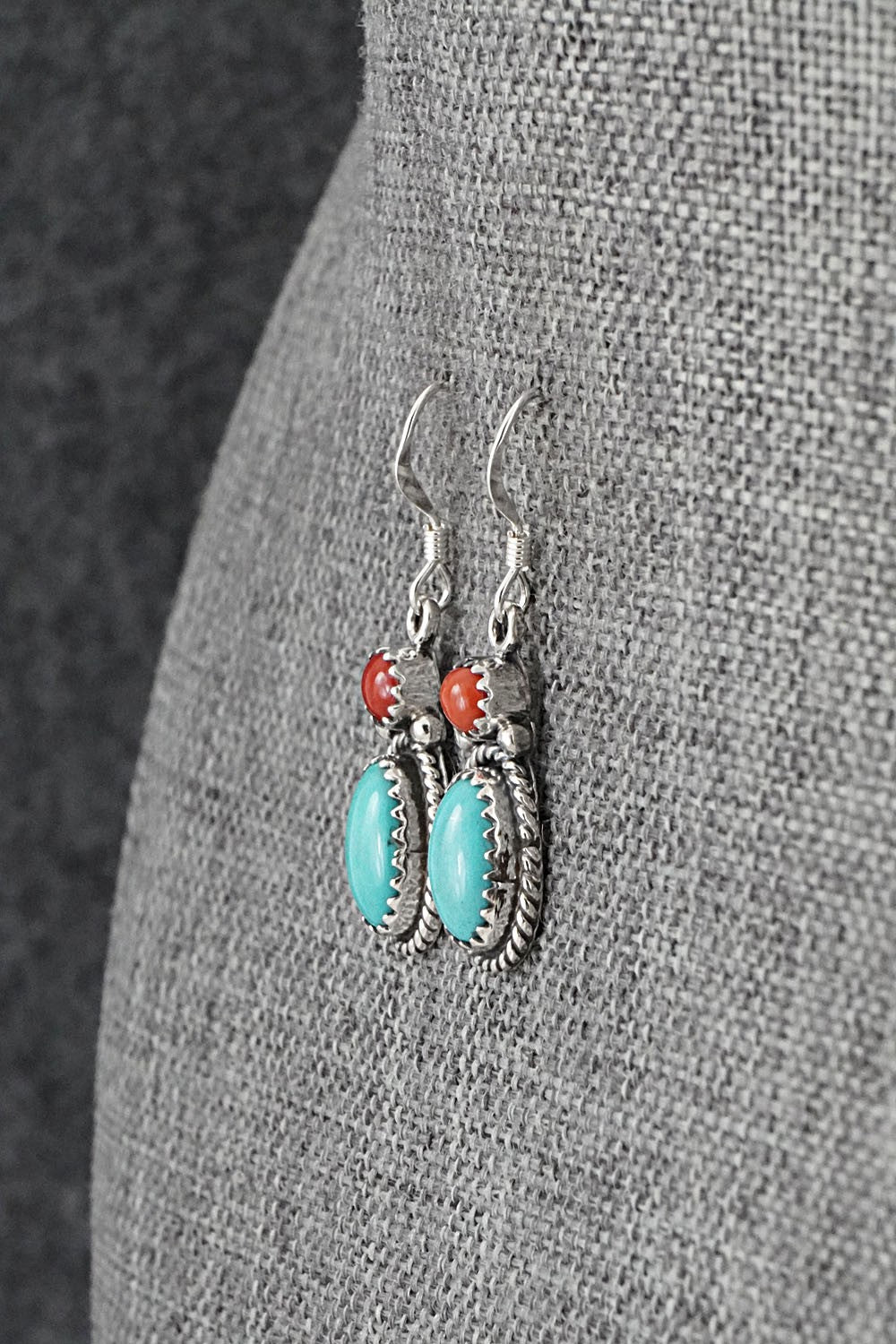 Turquoise, Coral & Sterling Silver Earrings - Verley Betone