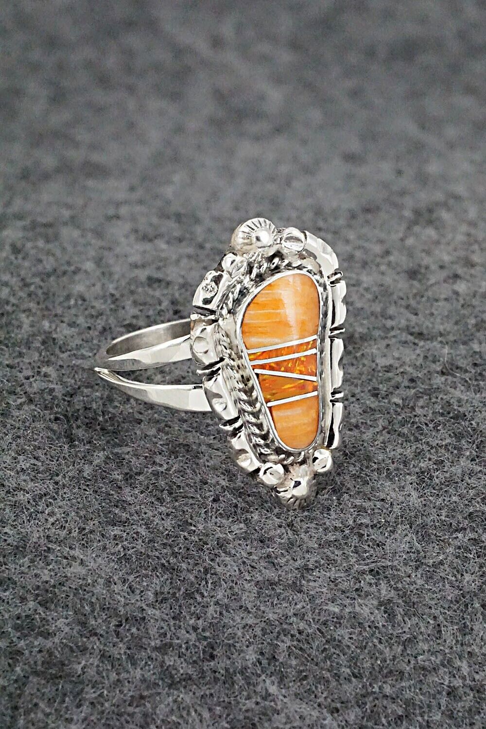 Spiny Oyster, Opalite & Sterling Silver Inlay Ring - James Manygoats - Size 8.5