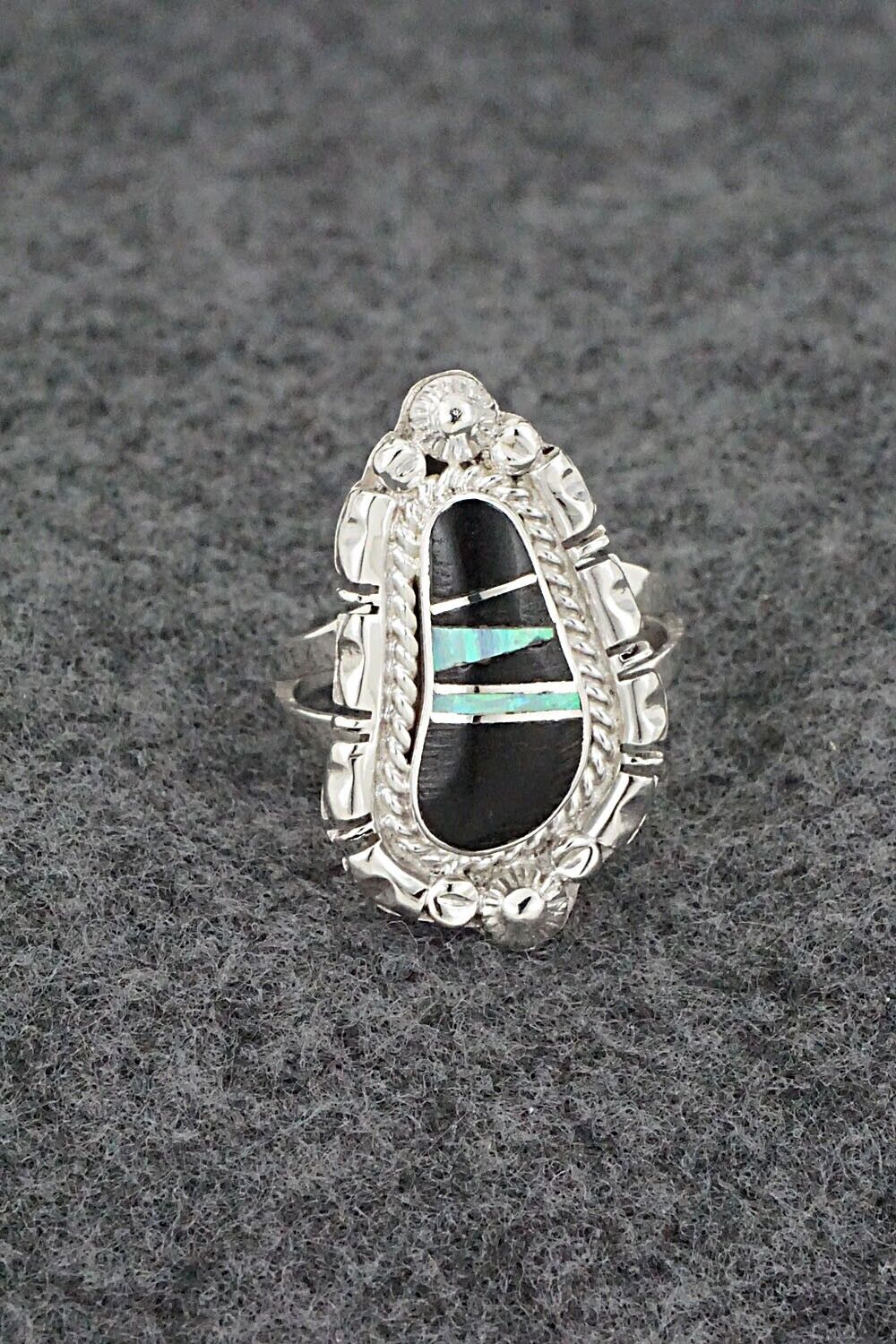 Onyx, Opalite & Sterling Silver Inlay Ring - James Manygoats - Size 7.25