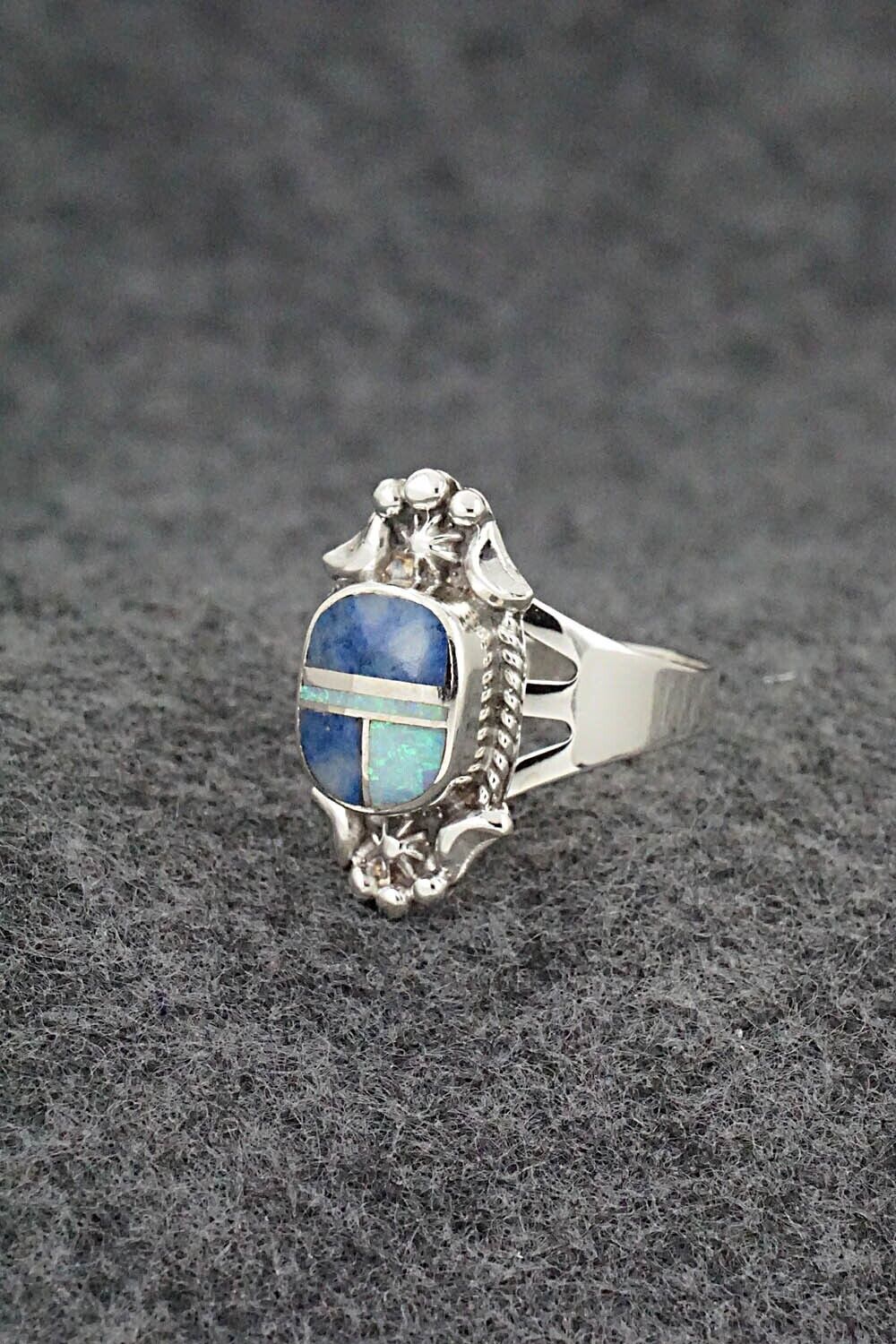 Turquoise, Opalite & Sterling Silver Inlay Ring - James Manygoats - Size 7.75