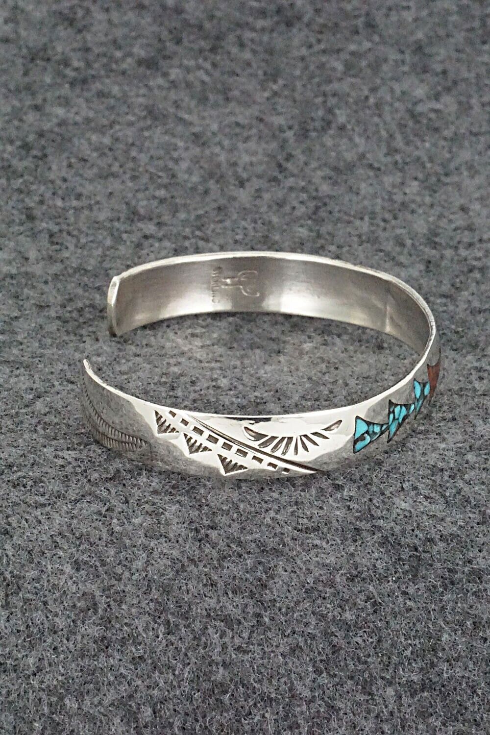 Turquoise, Coral Chip Inlay & Sterling Silver Bracelet - Joleen Yazzie