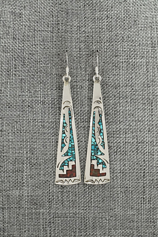 Turquoise, Coral Chip & Sterling Silver Earrings - Joleen Yazzie