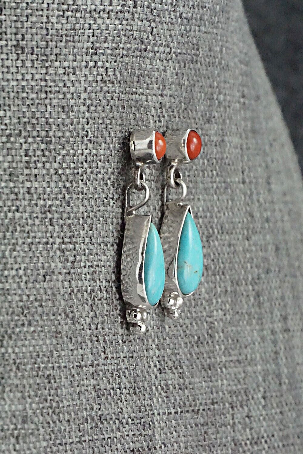 Turquoise, Coral and Sterling Silver Earrings - Gary Shorty