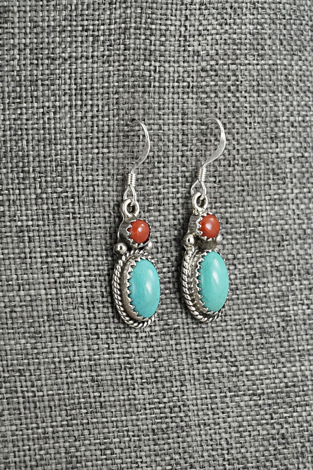 Turquoise, Coral & Sterling Silver Earrings - Verley Betone