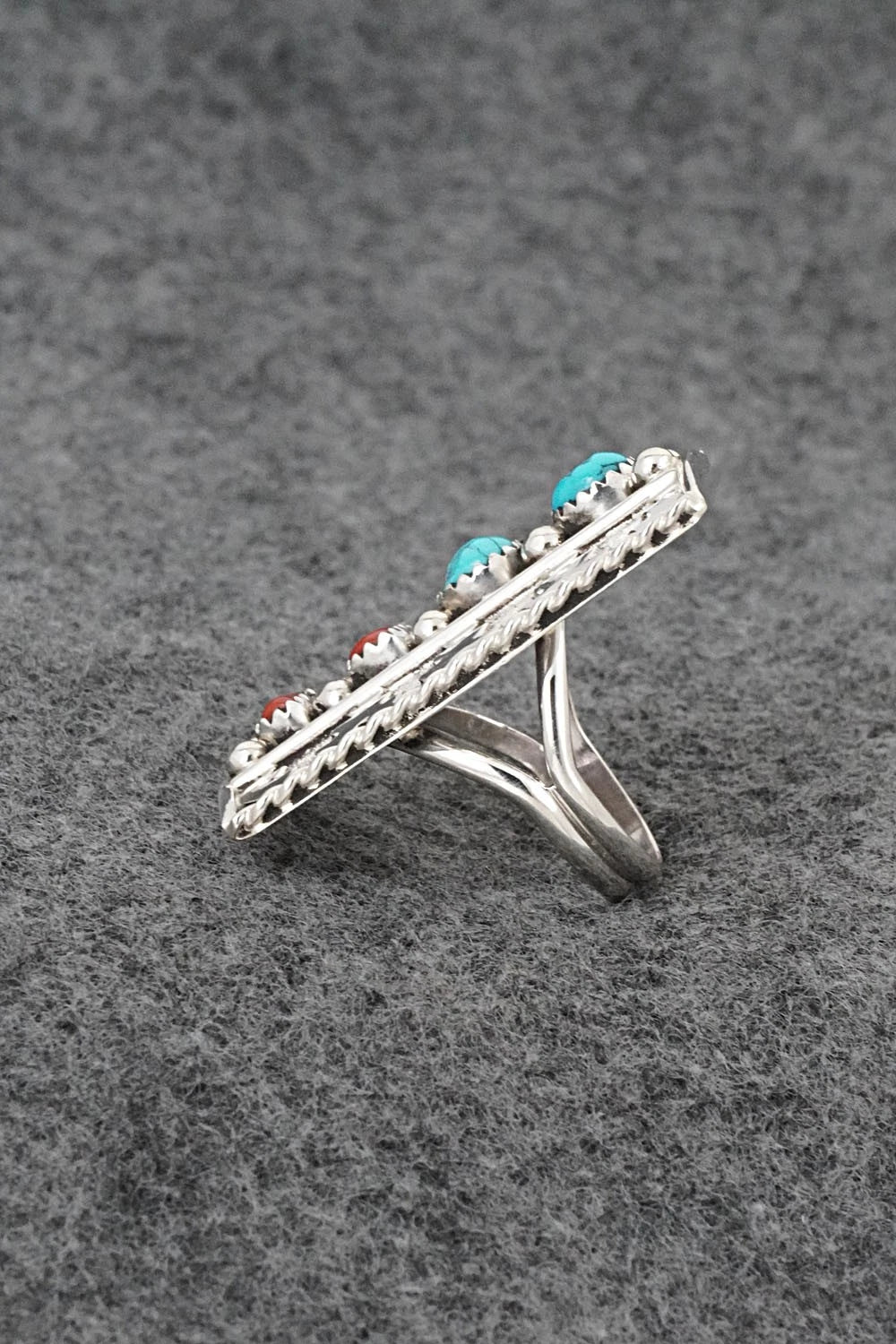 Turquoise, Coral & Sterling Silver Ring - Ronnie Spencer - Size 7.5