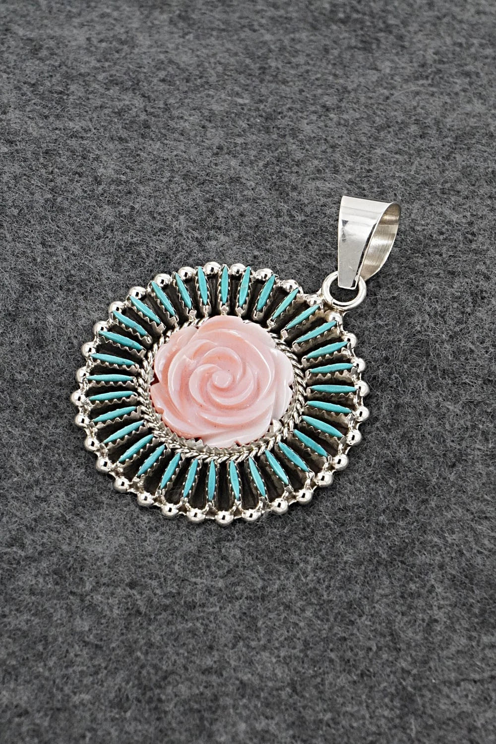 Turquoise, Pink Conch & Sterling Silver Pendant - Roland Francisco