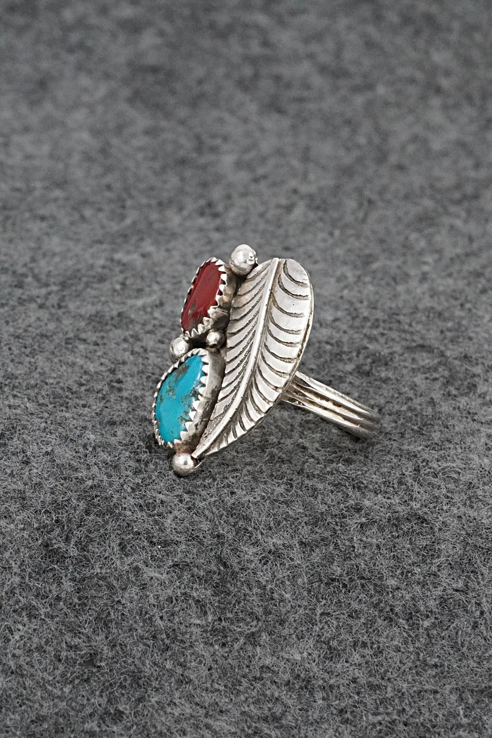 Turquoise, Coral & Sterling Silver Ring - Priscilla Reeder - Size 8