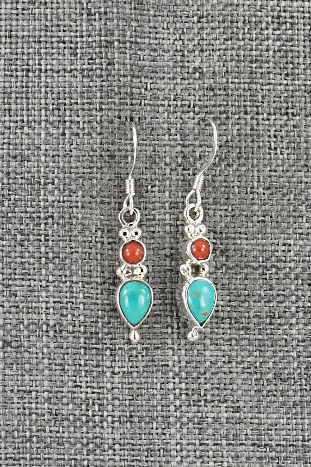 Turquoise, Coral & Sterling Silver Earrings - Gary Shorty