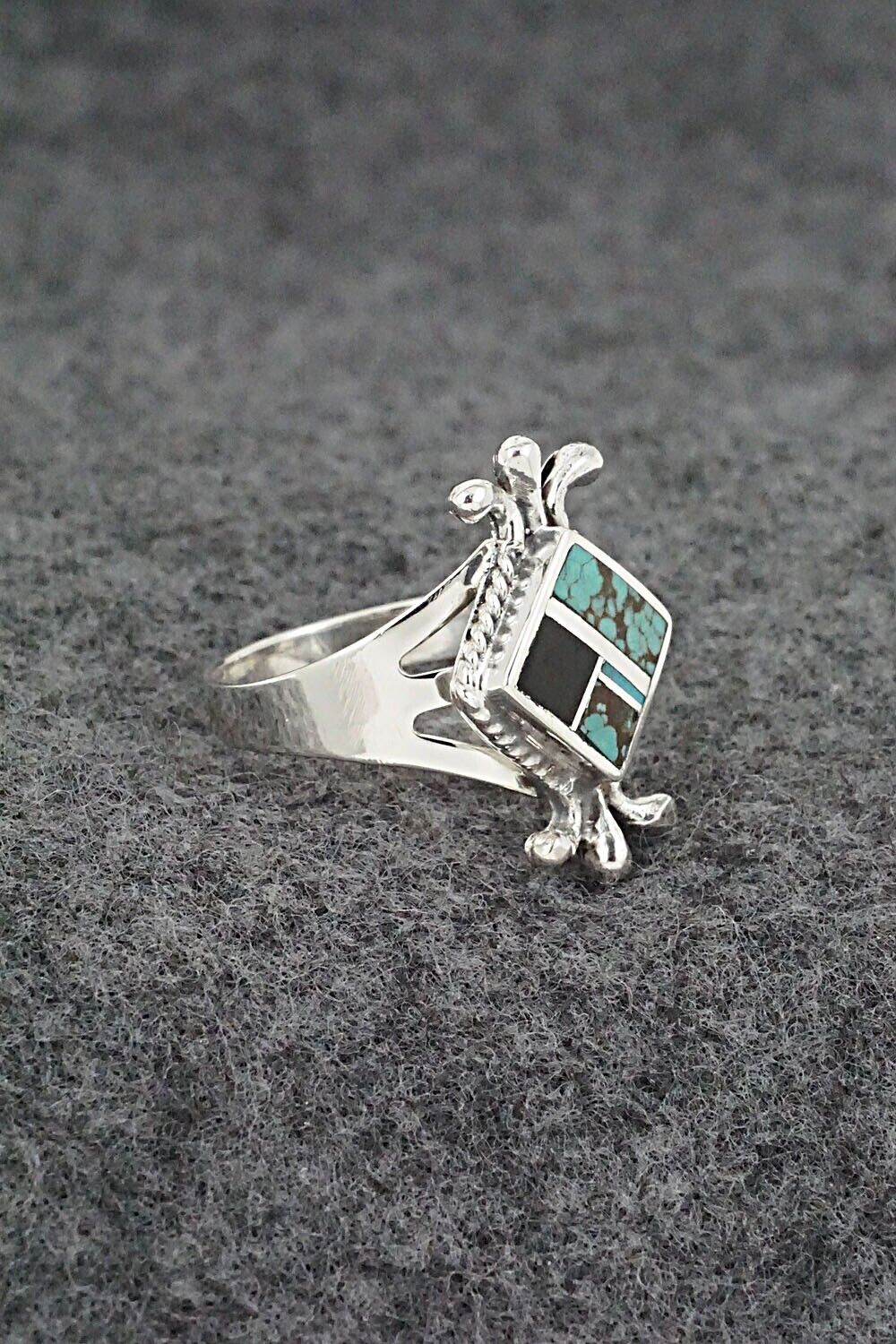Turquoise, Onyx & Sterling Silver Inlay Ring - James Manygoats - Size 7.5