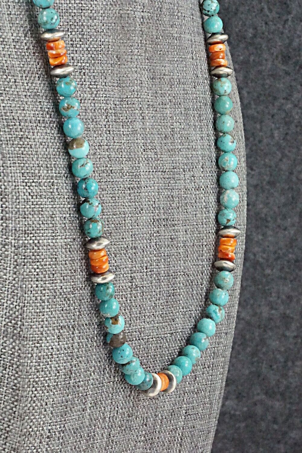 Turquoise, Spiny Oyster & Sterling Silver Necklace 20" - Doreen Jake