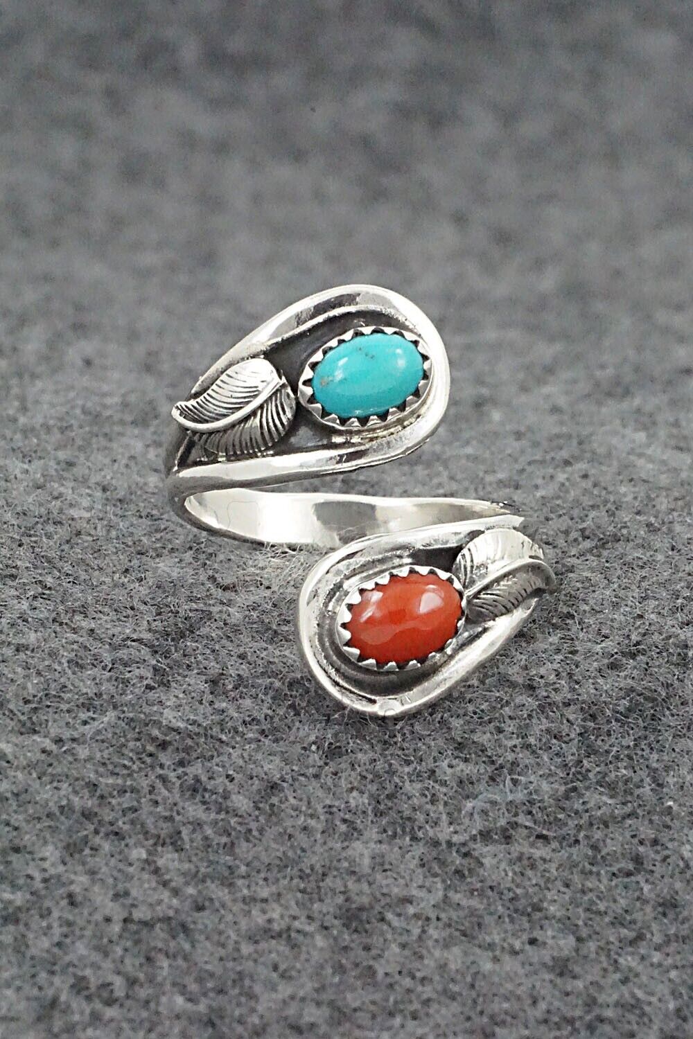 Turquoise, Coral & Sterling Silver Ring - Angela Platero - Size 9