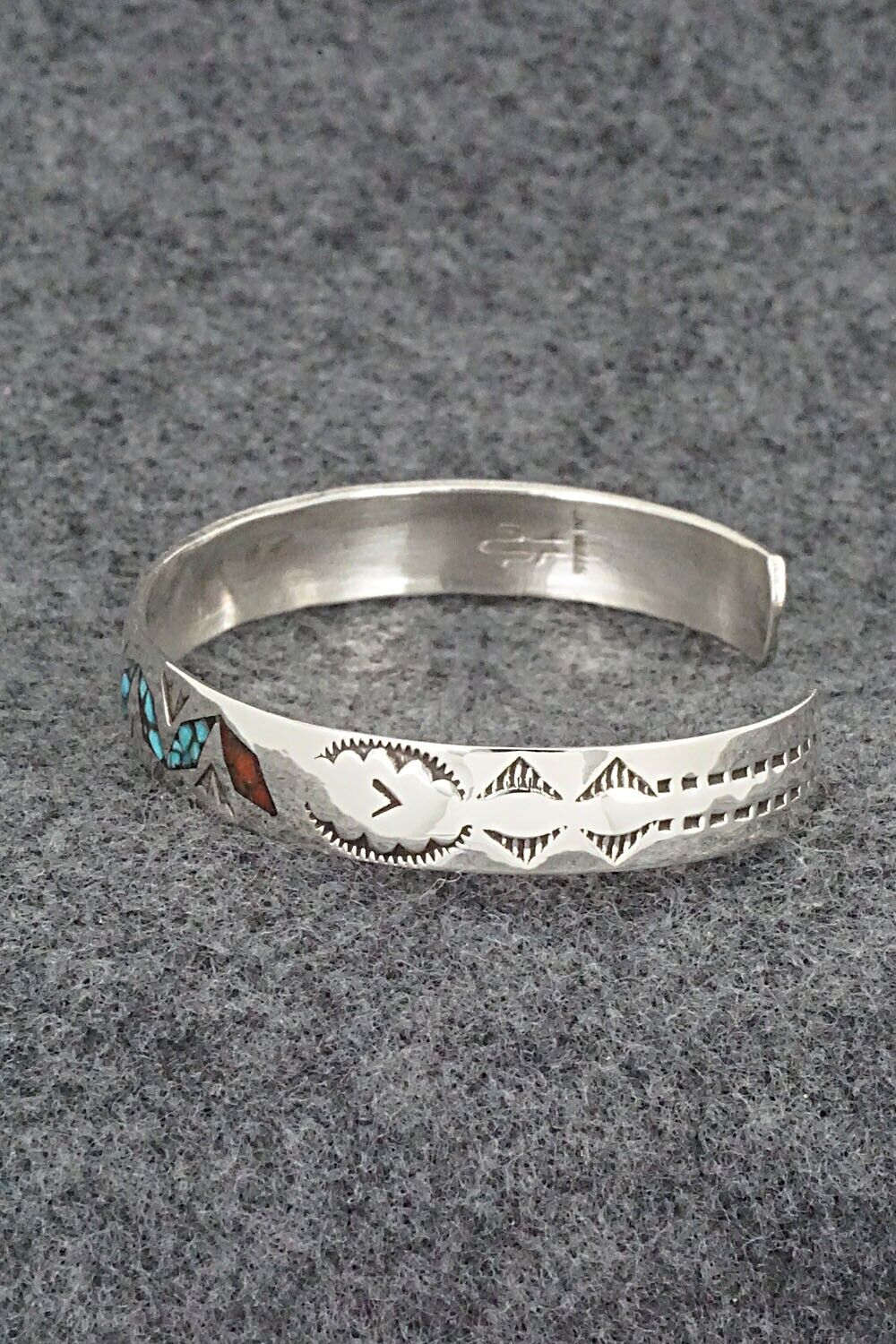 Turquoise, Coral Chip Inlay & Sterling Silver Bracelet - Joleen Yazzie