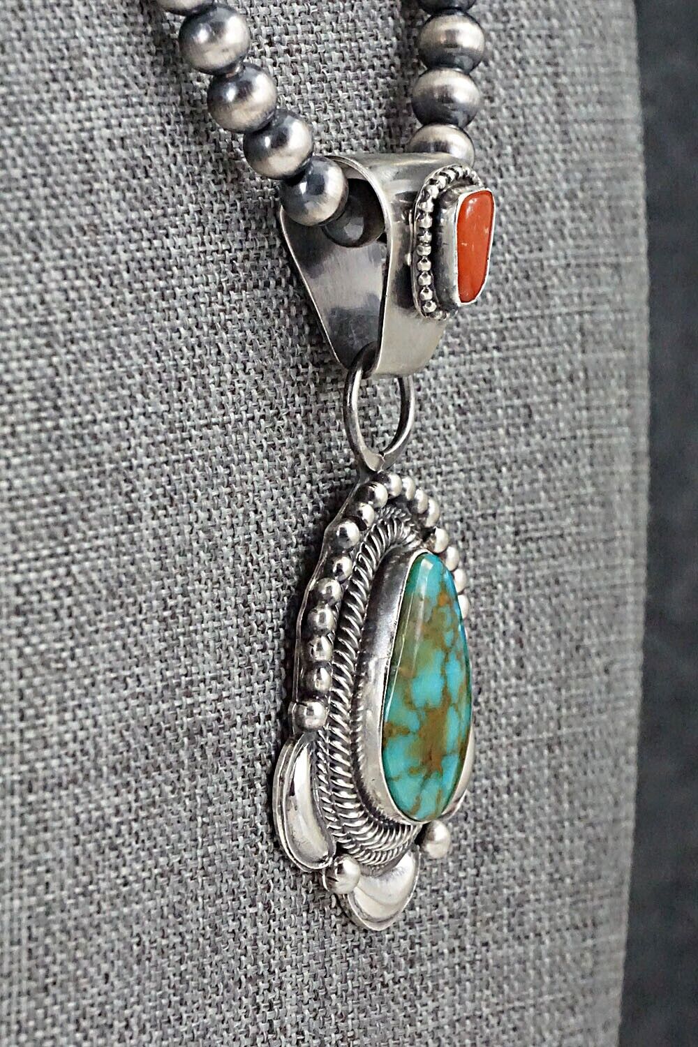 Turquoise, Coral & Sterling Silver Necklace - Tom Lewis