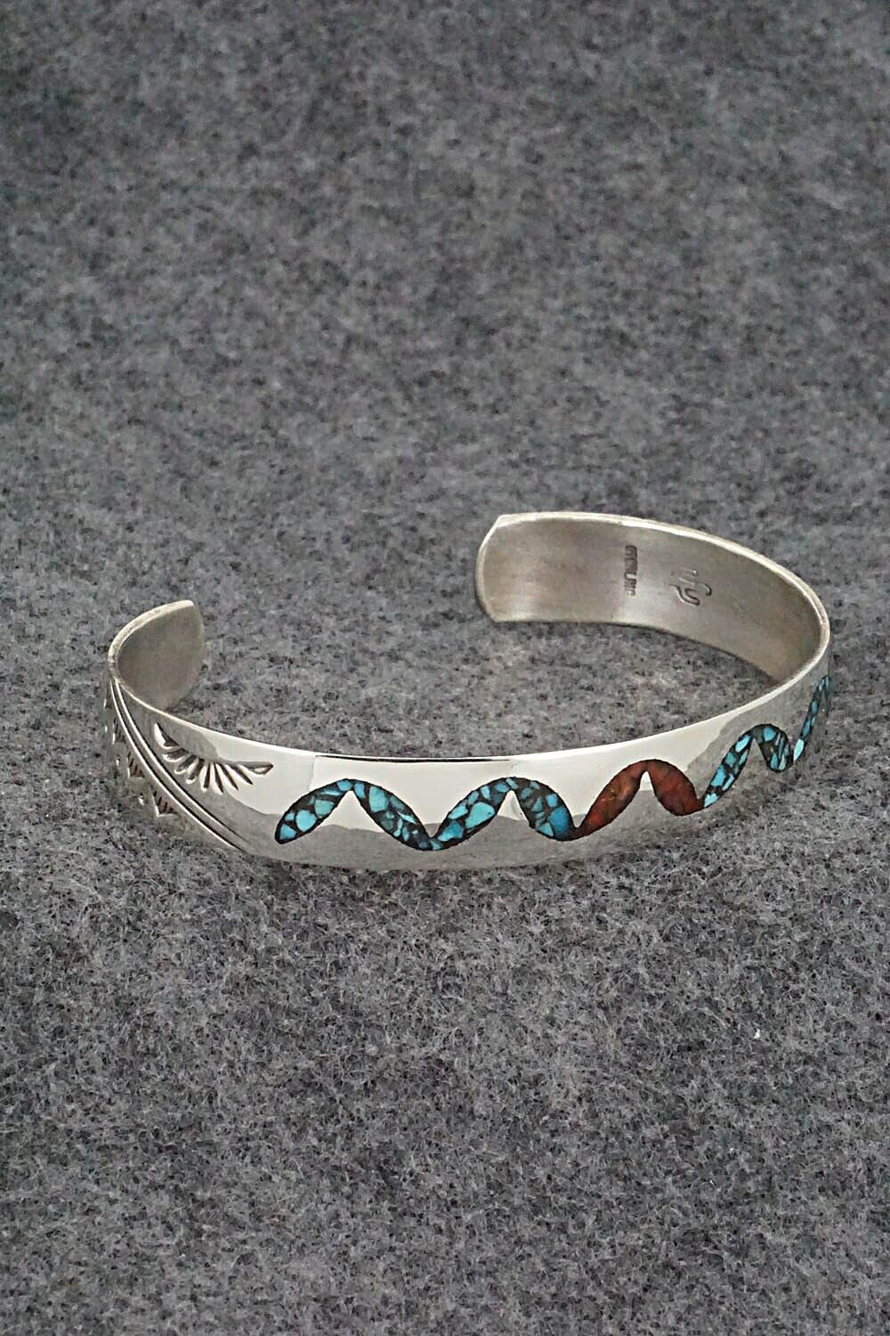 Turquoise, Coral Chip Inlay & Sterling Silver Bracelet - Joleen Yazzie