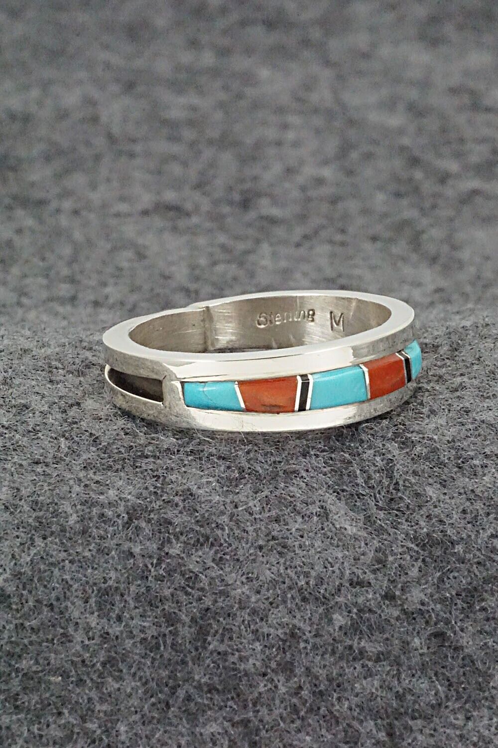 Turquoise, Coral, Onyx & Sterling Silver Ring - Wilbert Muskett Jr. - Size 12