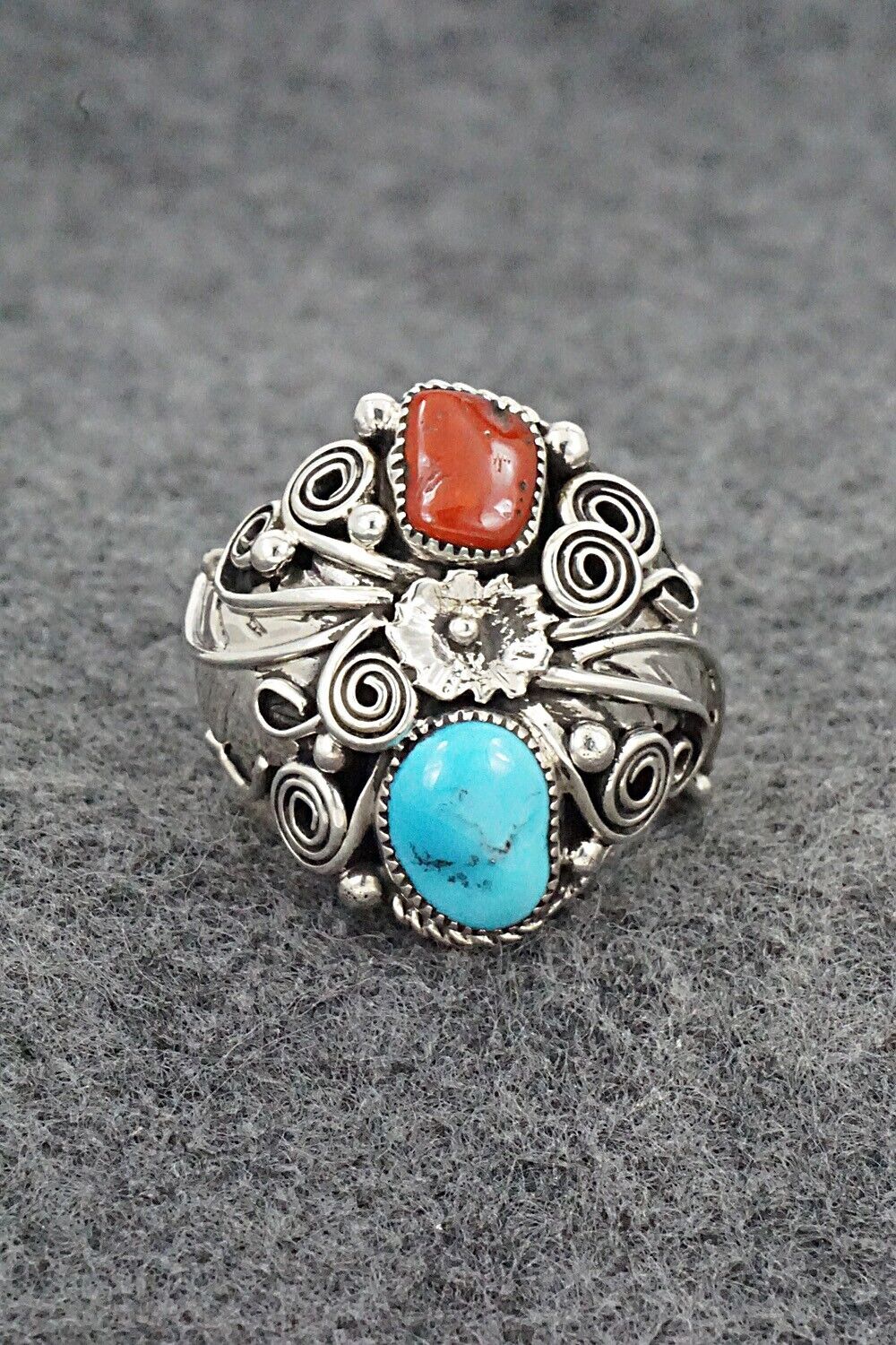 Turquoise, Coral & Sterling Silver Ring - Sarah Yazzie - Size 10.5