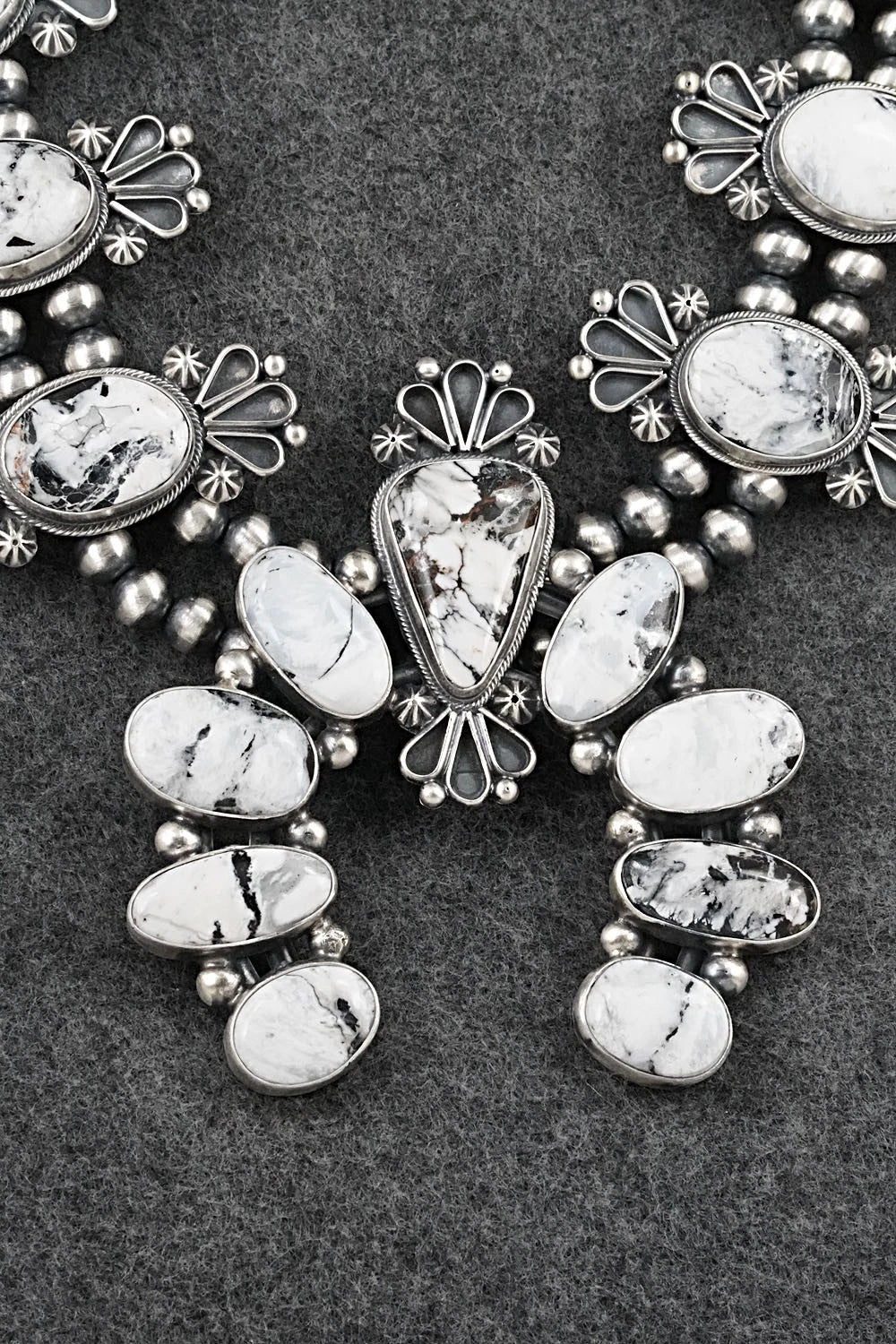 White Buffalo & Sterling Silver Squash Blossom Set - Paul Livingston