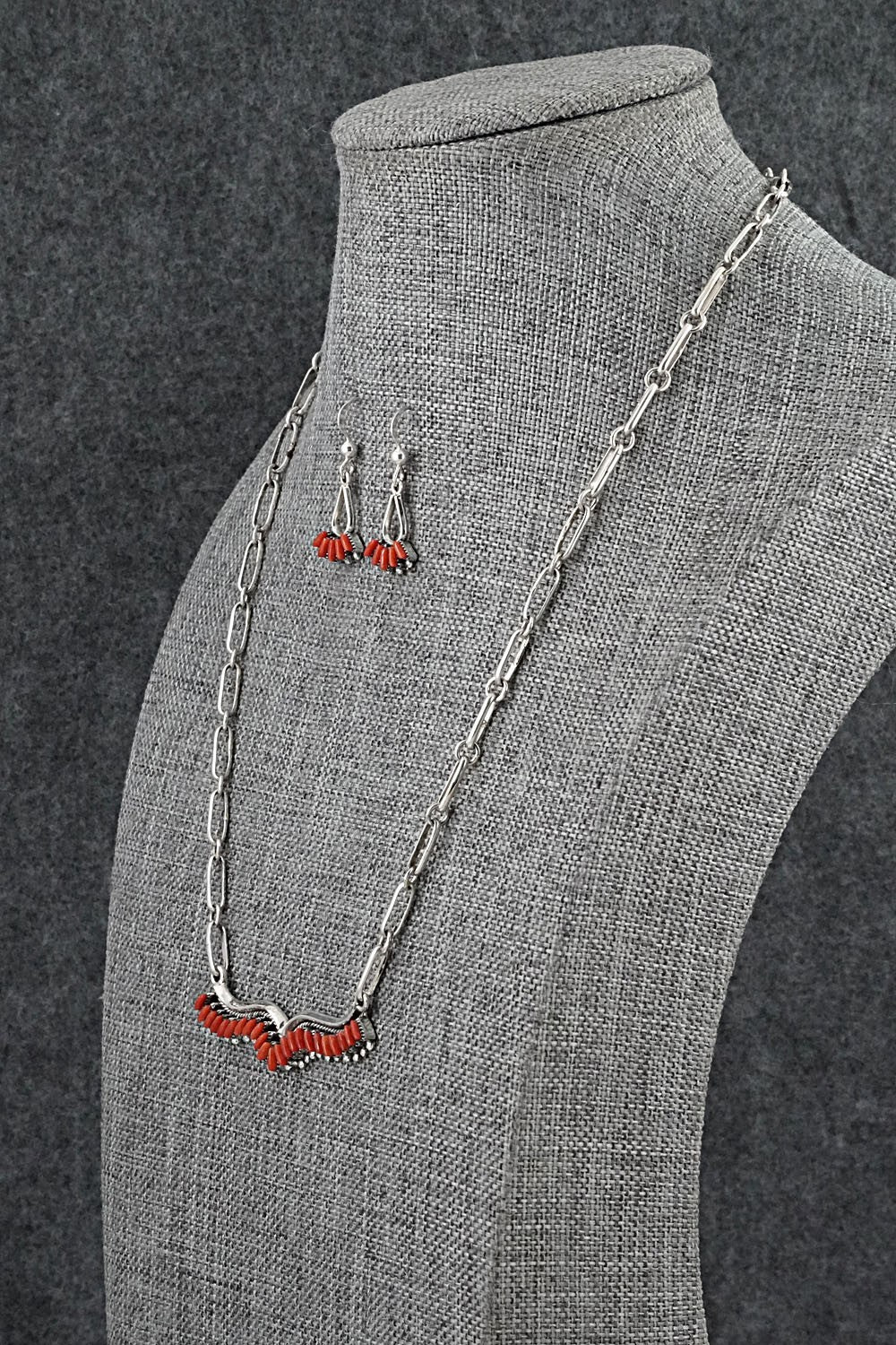 Coral & Sterling Silver Necklace and Earrings Set - Mildred Ukestine