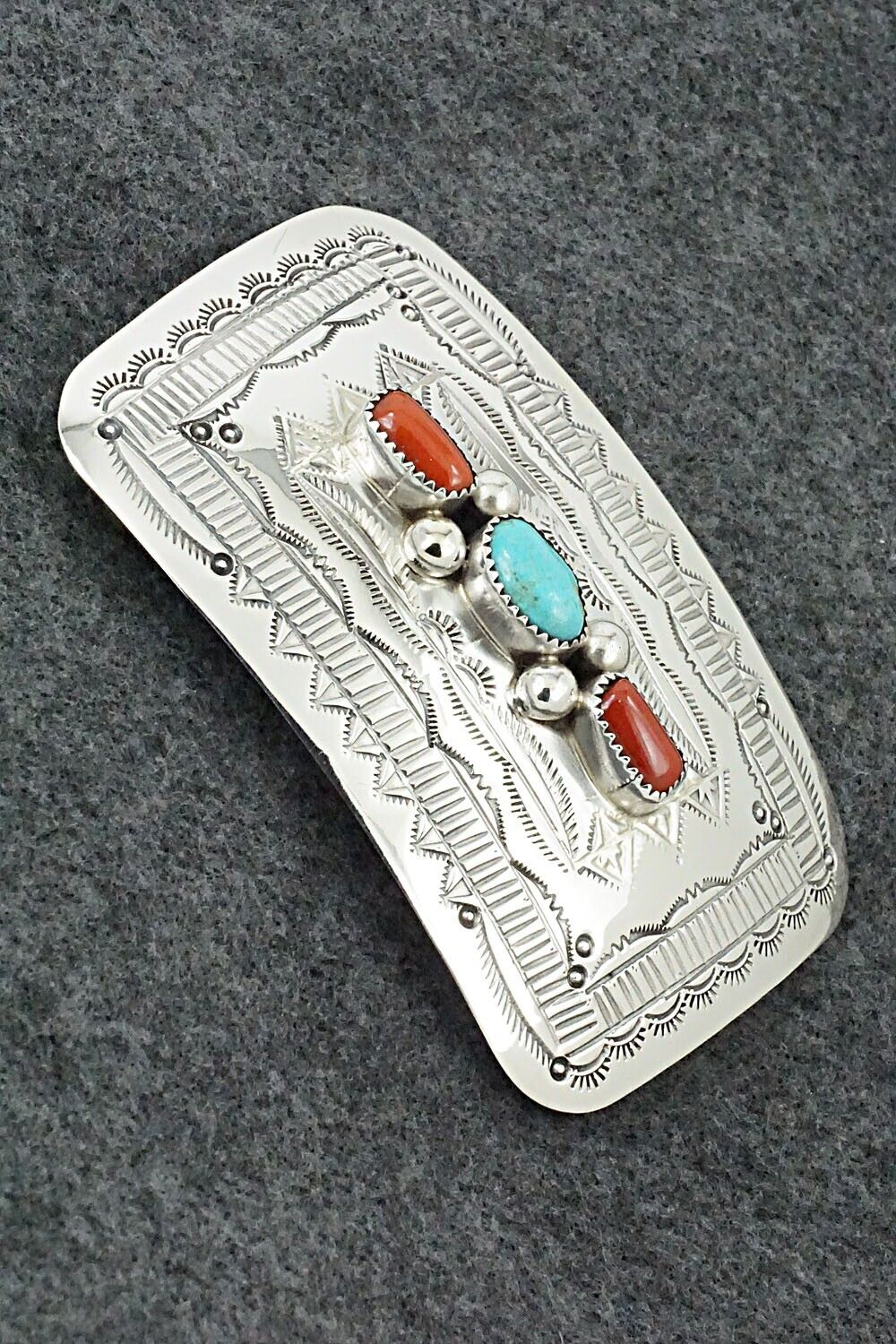 Turquoise, Coral & Sterling Silver Belt Buckle - Wilbur Myers