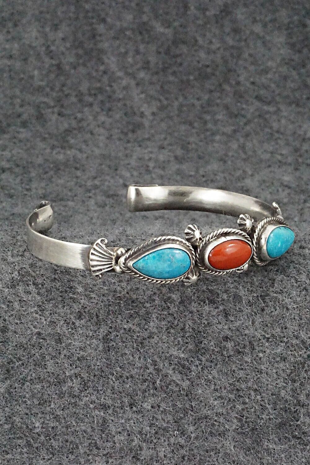 Turquoise, Coral & Sterling Silver Bracelet - Bobby Platero