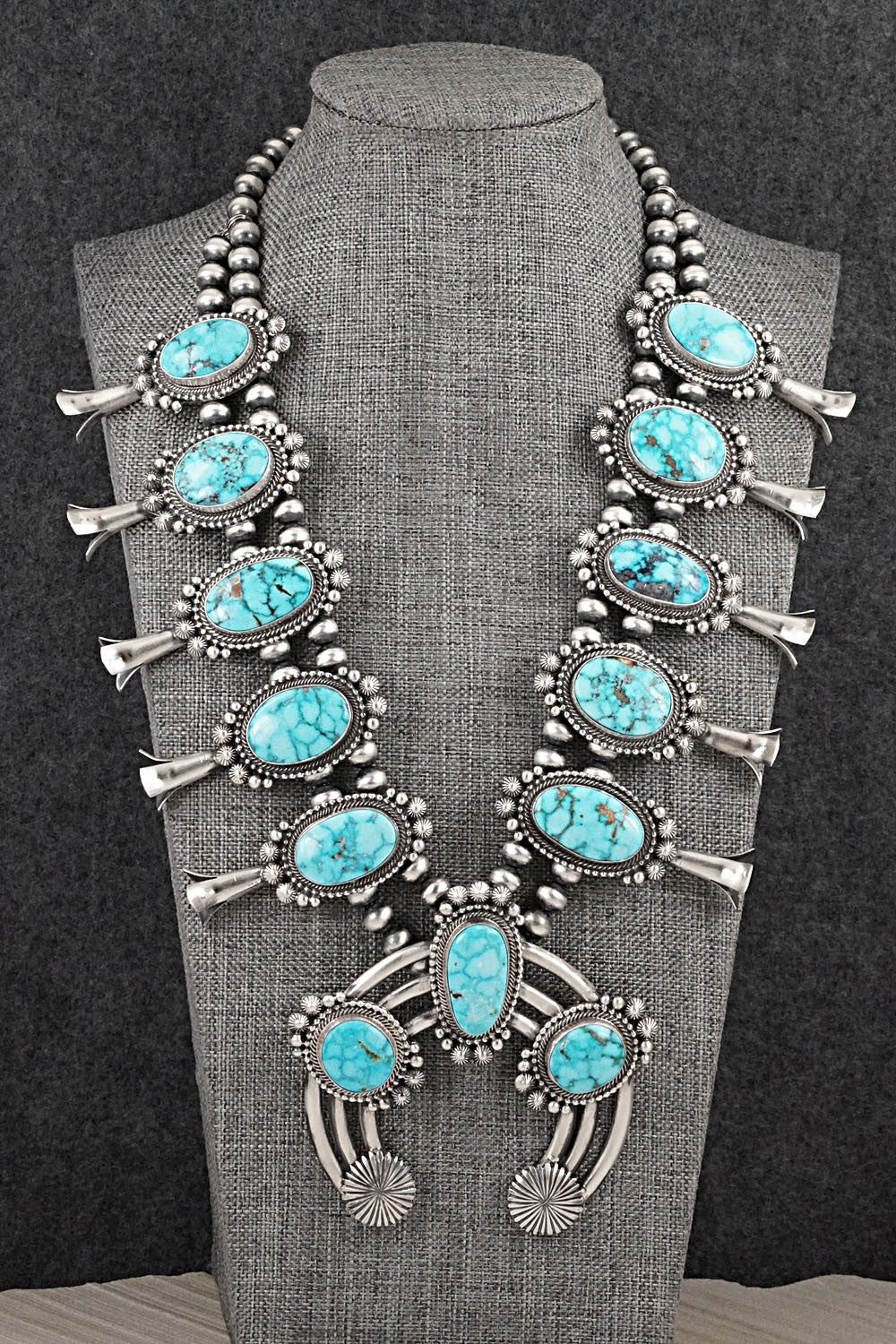 Turquoise & Sterling Silver Squash Blossom Necklace - Tom Lewis